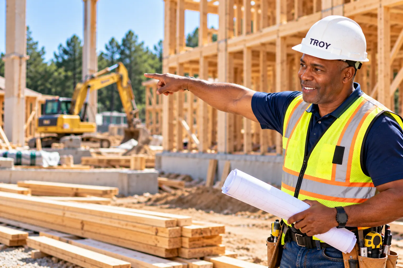 Troy Holmes discussing plans at a construction site