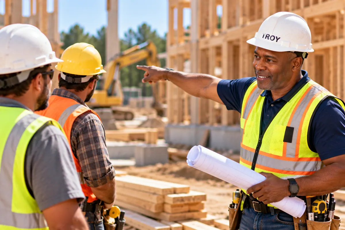 Troy Holmes speaking with the crew at a construction site